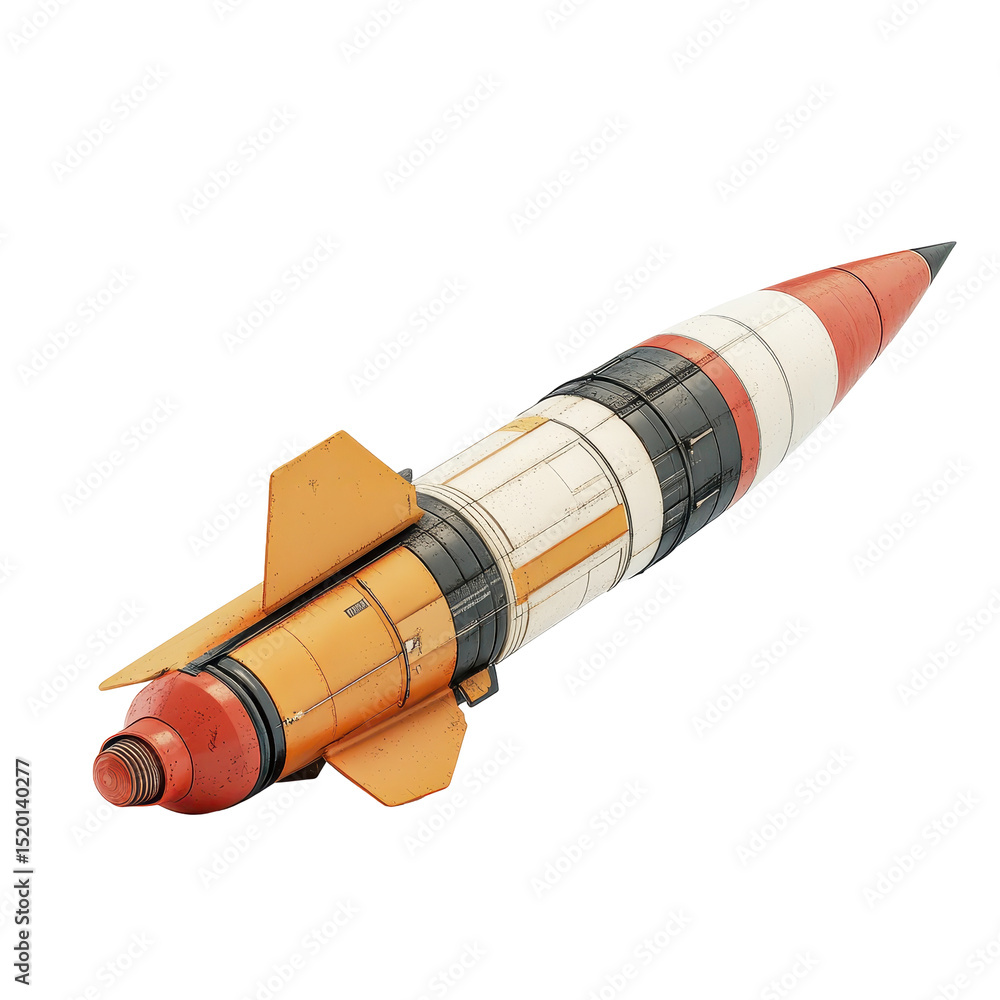 Poster model of a rocket with detailed color scheme displayed on a plain background during a creative showc