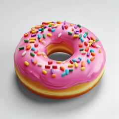 Realistic vector icon of a doughnut with pink frosting and rainbow sprinkles.