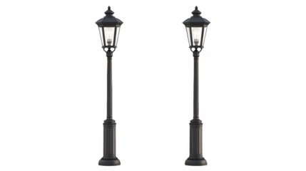 Two classic streetlights with glowing bulbs on a transparent background, PNG image, PNG file.