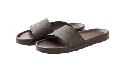 Pair of casual slide sandals with woven strap design on a transparent background, PNG image, PNG file.