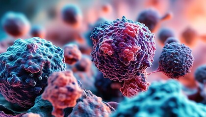 Microscopic view of cancer cells, detailed 3D medical illustration of tumor growth on tissue surface