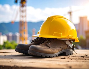 Construction safety gear on wooden platform