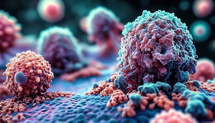 Microscopic view of cancer cells, detailed 3D medical illustration of tumor growth on tissue surface