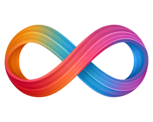 A colorful infinity symbol with a gradient of rainbow colors on a black background in a simple design
