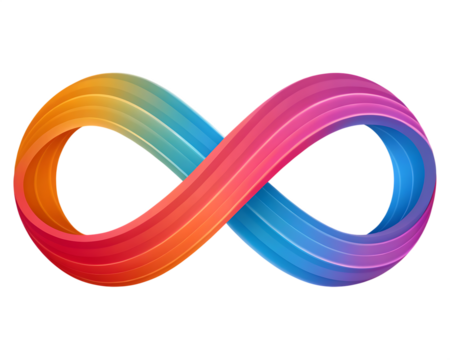 A colorful infinity symbol with a gradient of rainbow colors on a black background in a simple design