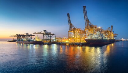 futuristic visualization of oil export terminal with illuminated cranes and docks showcasing advanced technology