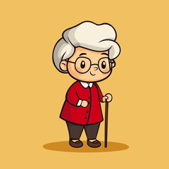 Kind Grandma's Portrait: A cute illustration of a kind grandmother with a smile. With her gray hair and round glasses, she is walking with a cane, embodies warmth and love.