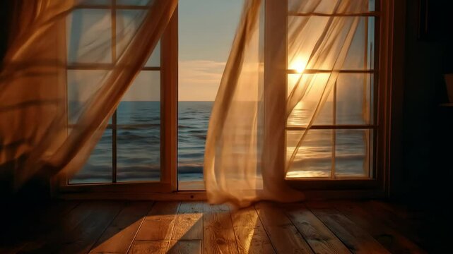 Sheer curtains fluttering in the breeze with ocean view at sunset  