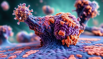 Microscopic view of cancer cells, detailed 3D medical illustration of tumor growth on tissue surface