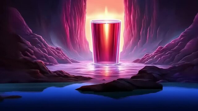 Glass of Radiant Elixir Floating in a Mystical Purple Cave with Shimmering Reflections