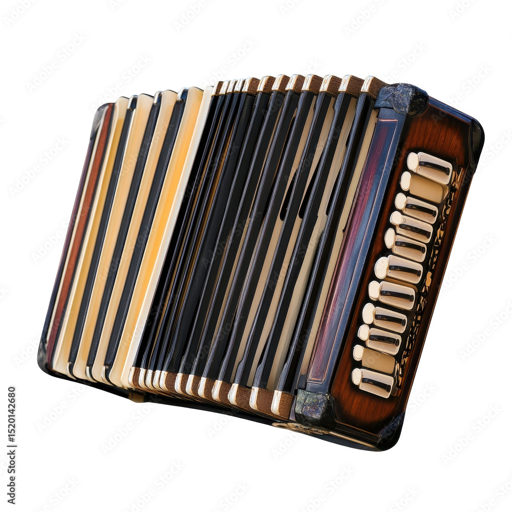 Poster classic wooden accordion displayed on a plain background showcasing its unique keys and reeds during