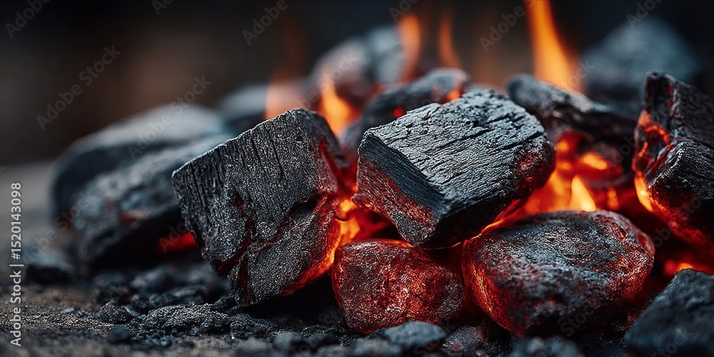 Aufkleber close-up of glowing charcoal embers with dancing flames creating a warm and inviting atmosphere