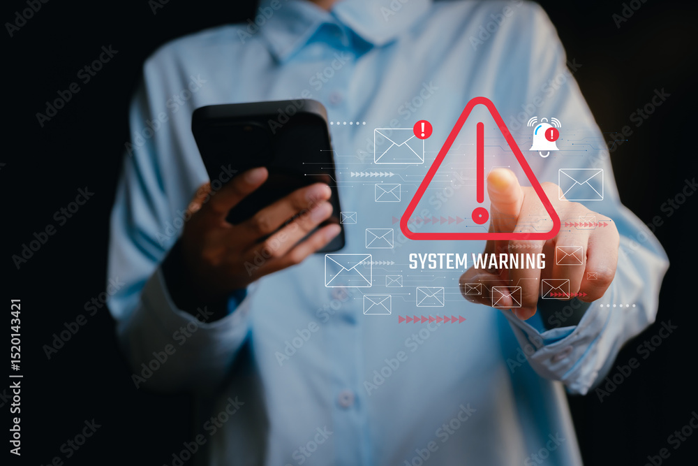 Poster system warning concept. user interacting with smartphone displaying cybersecurity system warning ale