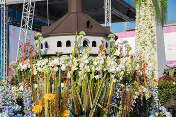Flower arrangement dedicated to the city of Kronstadt at the international flower festival in St. Petersburg. The legendary Kronstadt.Close-up