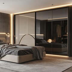 A modern bedroom featuring a bed with gray bedding and a large mirrored closet with lighting accents