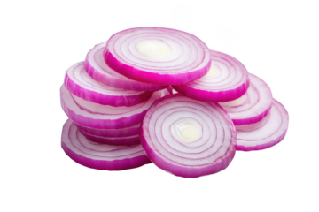 Pile of sliced red onion rings isolated on transparent background, close-up view
