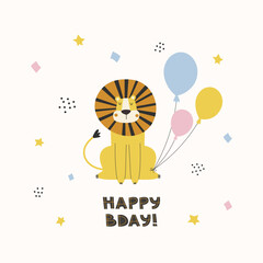 Hand drawn happy birthday greeting card with cute lion, balloons and colorful confetti.