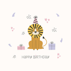 Creative birthday card with lion in a festive hat, colorful confetti and gifts.