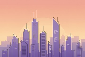 Minimalist Skyline Illustration Purple Buildings, Black Outlines, and Warm Sunset Backdrop Design