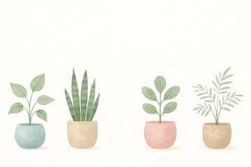 Watercolor painting of four different houseplants in colorful pots, creating a calming and natural atmosphere