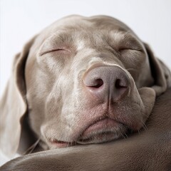 Adorable Weimaraner Pet Portrait. Close-Up of Relaxed Dog Sleeping Peacefully at Home