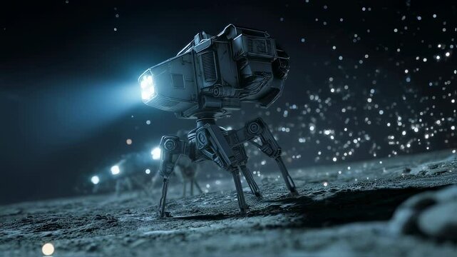 Several quadruped robots with glowing headlights are walking on a rocky, dusty alien planet surface at night, with small particles floating in the air