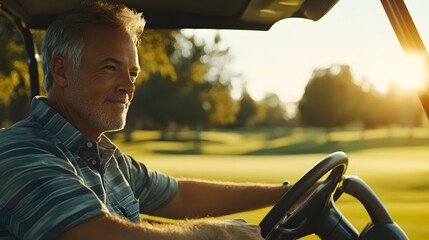 Man driving a golf cart on a sunny golf course.