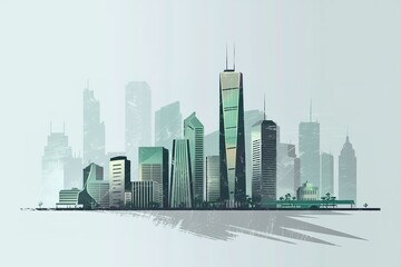 Fototapeta premium Stylized Cityscape with Modern Architecture Tall Buildings, Green Accents, and Abstract Details, Digital Art