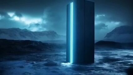 Otherworldly monolith on a desolate planet with mountain ranges background - Powered by Adobe