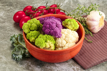 Raw cauliflower different colors heap