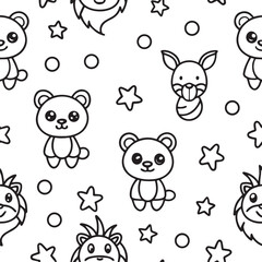 Black and White Seamless Cartoon Animal Pattern