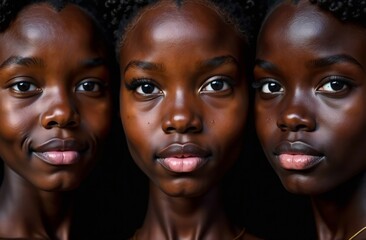 Three black girls. African Americans. Different shades of dark skin for commercial advertising foundations. African braids. Close-up of faces. Diversity concept. Models for a cosmetic brand.