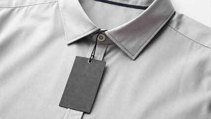 Close-up of a gray shirt with a tag, isolated on transparent background