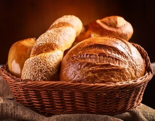 golden brown artisan loaves pastries in rustic woven basket closeup wicker