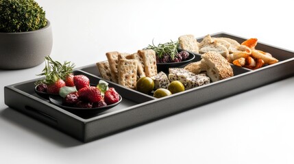 A divided tray with strawberries, crackers, cheese, olives, bread, and jam on a white surface