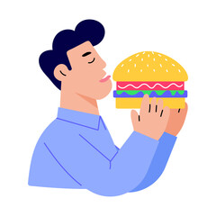 A flat style illustration showing person eating burger with joy