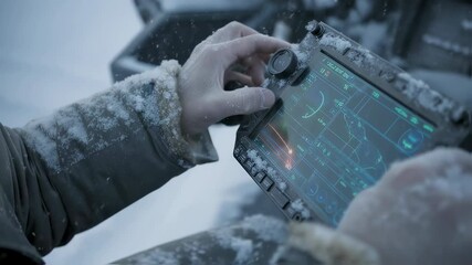 Military personnel analyzing complex data on rugged digital device while standing outdoors during snowy winter conditions, displaying tactical information through advanced technological interface - Powered by Adobe