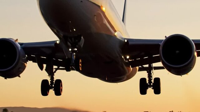 Passenger plane landing close up. Passenger plane landing on the runway at sunset