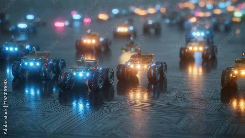 Poster autonomous robotic vehicles traversing complex circuit board landscape, illuminating futuristic tech