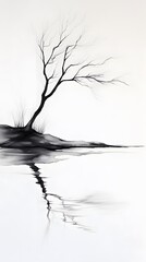 Bare tree reflecting on tranquil water.