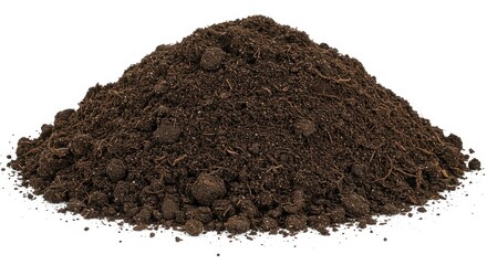 Pile of dark brown soil isolated on white background