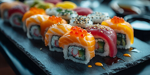 Indulge in Vibrant and Flavorful Japanese Cuisine, Art of Sushi, Discover the Delight of Fresh and Colorful Rolls, A close-up of sushi rolls on a refined black tray