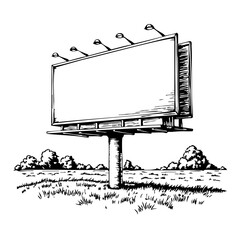 Vintage sketch of a blank billboard in a grassy field  