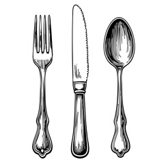 Vintage cutlery sketch of fork, knife, and spoon on white background  