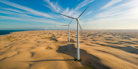Vista aérea do parque eólico de cataventos no litoral do Ceará gerando energia limpa e renovável sobre dunas de areia