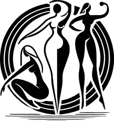 Black-and-white minimalist illustration featuring elegant female silhouettes in a circle, connected by flowing lines symbolizing energy. Includes a central oil drop silhouette for a wellness-inspired 