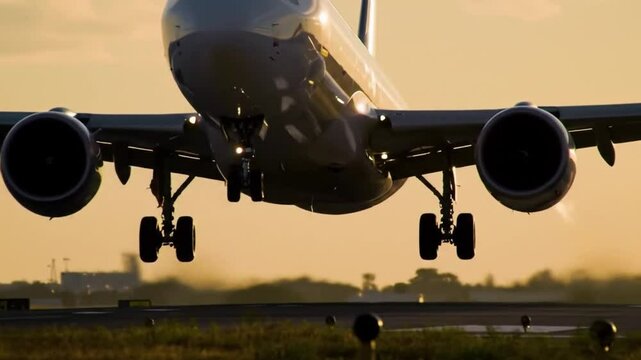 Passenger plane landing close up. Passenger plane landing on the runway at sunset