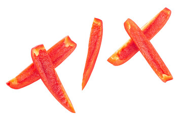 Slices of red sweet bell pepper isolated on a white background, top view. Sweet bell pepper sliced ​​strips.