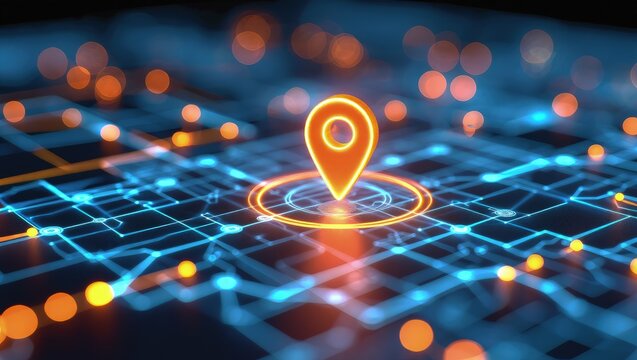 Illustration of digital city map with glowing location pin. AI tech in GPS navigation, innovation in delivery, transport logistics. Geolocation illustration concept for future business travel.