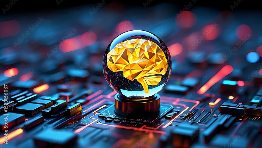 Poster digital brain concept represented by a golden brain within a futuristic circuit board